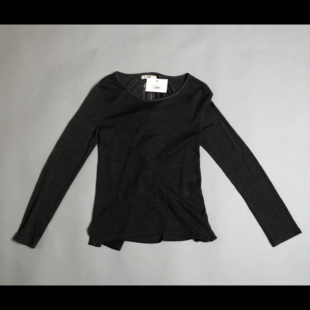 Dark gray long sleeve YA top with sheer zipper panel in back